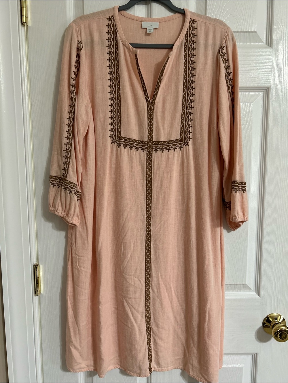 J. Jill Peach Colored Embroidered Linen Blend V Neck Dress Size M Tall EUC